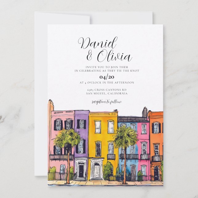 Invitación Destino de Boda Acuarela Charleston (Anverso)