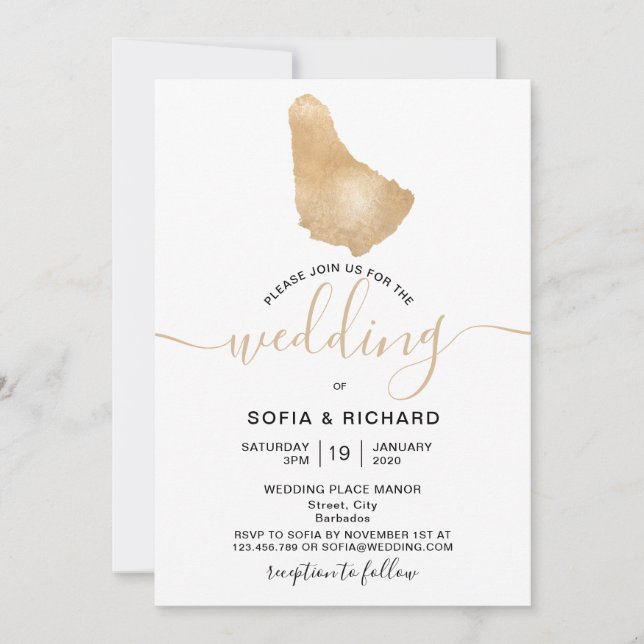 Invitación Destino de Boda Barbados Mapa Tropical Dorado (Anverso)