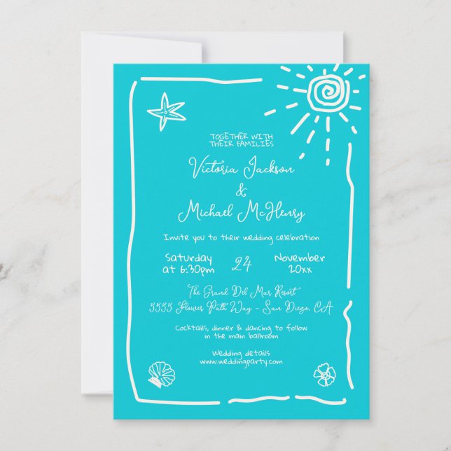 Invitación Destino de Boda dibujado a mano tropical soleado (Anverso)