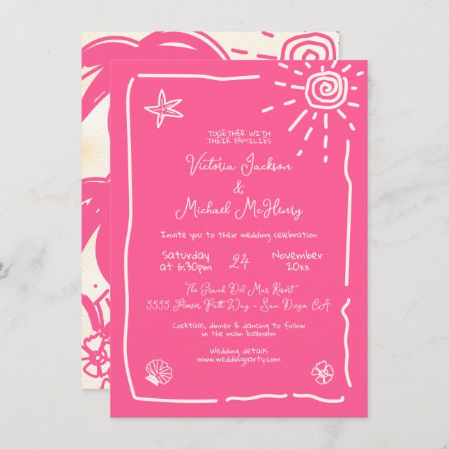 Invitación Destino de Boda dibujado a mano tropical soleado (Anverso / Reverso)