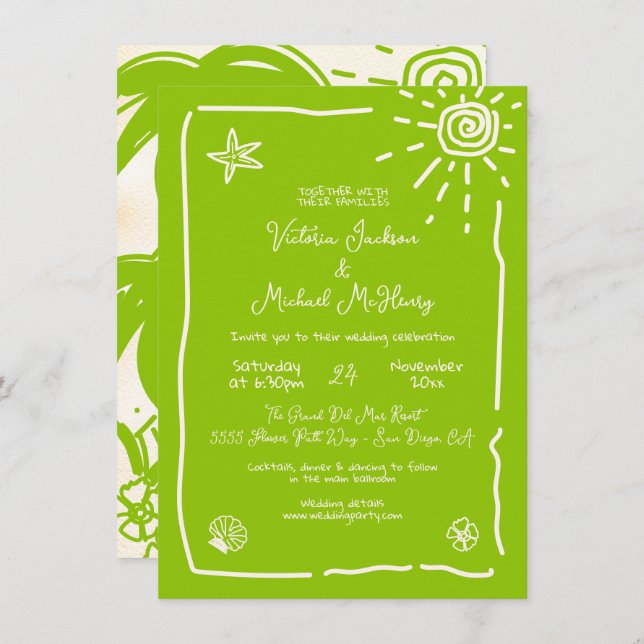 Invitación Destino de Boda dibujado a mano tropical soleado (Anverso / Reverso)