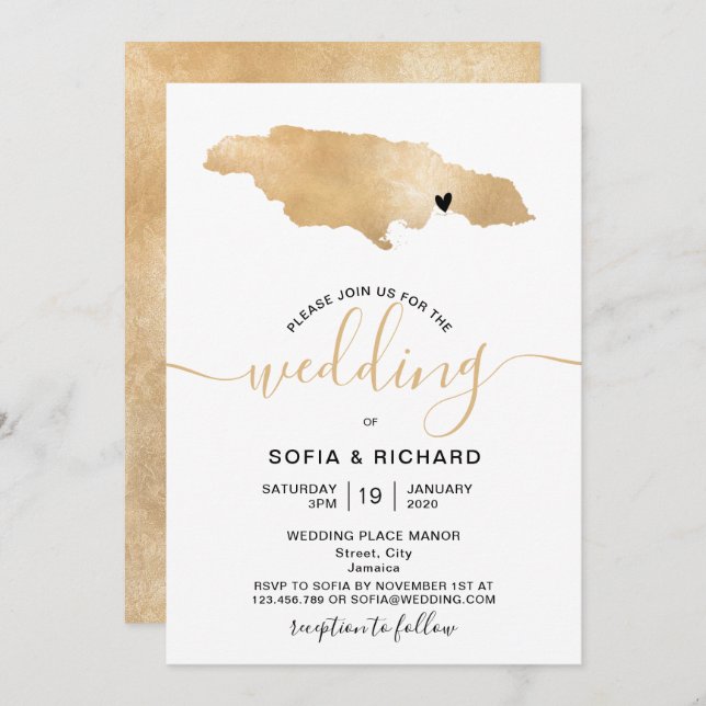Invitación Destino de Boda Jamaica Mapa Tropical Dorado (Anverso / Reverso)