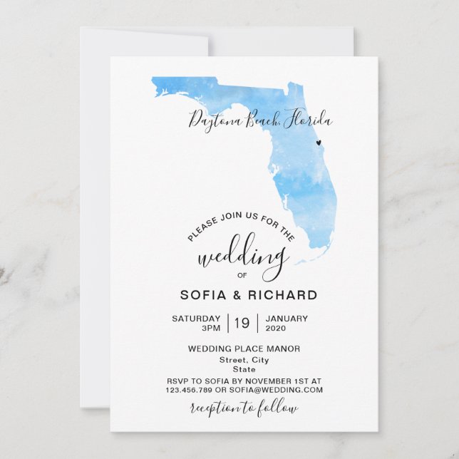 Invitación Destino de Boda Mapa de Florida Corazón Extraíble  (Anverso)
