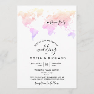Invitación Destino de Boda Mapa Mundial Acuarela Corazón