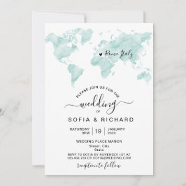 Invitación Destino de Boda Mapa Mundial Acuarela Corazón