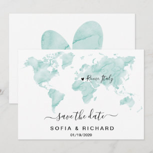 Invitación Destino de Boda Mapa Mundial Acuarela Corazón