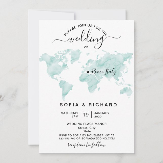 Invitación Destino de Boda Mapa Mundial Acuarela Corazón (Anverso)