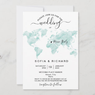 Invitación Destino de Boda Mapa Mundial Acuarela Corazón