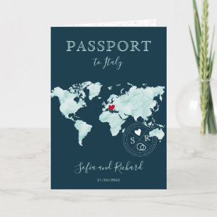 Invitación Destino de Boda Mapa Mundial Acuarela Pasaporte 