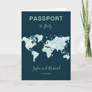 Invitación Destino de Boda Mapa Mundial Acuarela Pasaporte