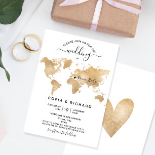 Invitación Destino de Boda Mapa Mundial de Oro Corazón