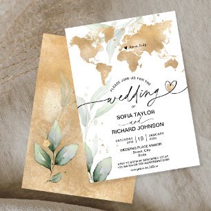 Invitación Destino de Boda Mapa Mundial Floral Dorado