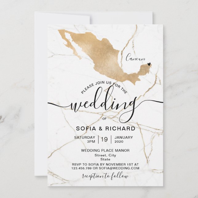 Invitación Destino de Boda México Corazón Móvil Dorado  (Anverso)