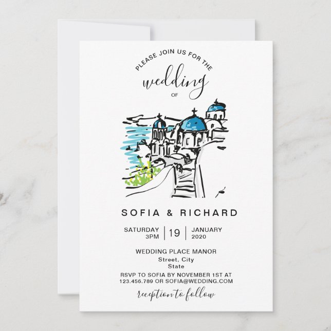 Invitación Destino de Boda Moderno Isla Griega de Skiathos (Anverso)