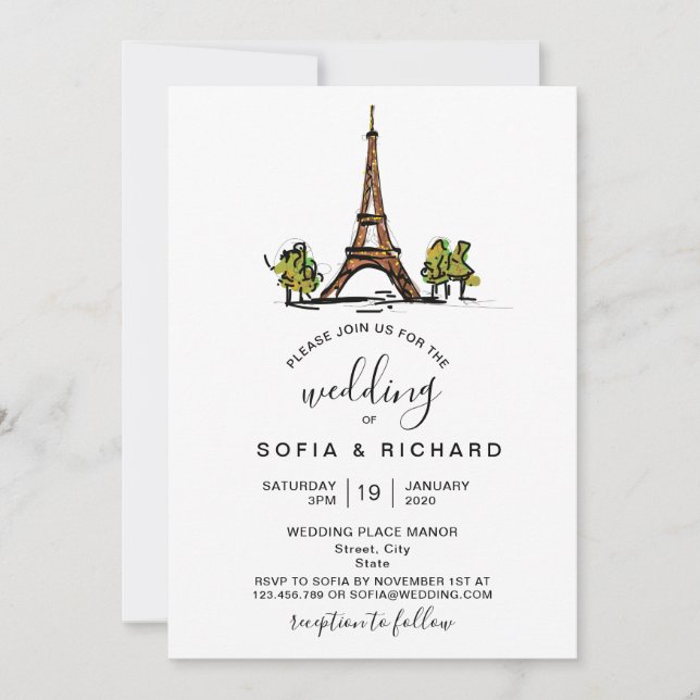 Invitación Destino de Boda Moderno París Torre Eiffel (Anverso)