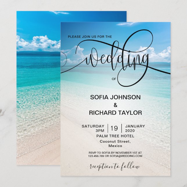 Invitación destino de bodas de playa mar tropical (Anverso / Reverso)
