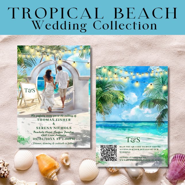 Invitación Destino de bodas de playa tropical con código QR (Subido por el creador)