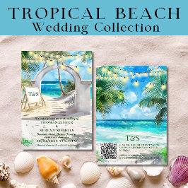 Invitación Destino de bodas de playa tropical con código QR