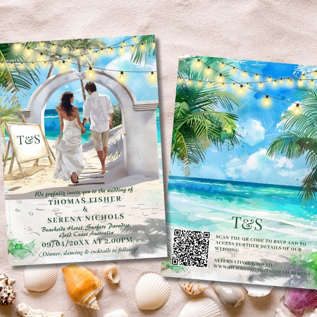 Invitación Destino de bodas de playa tropical con código QR (Subido por el creador)