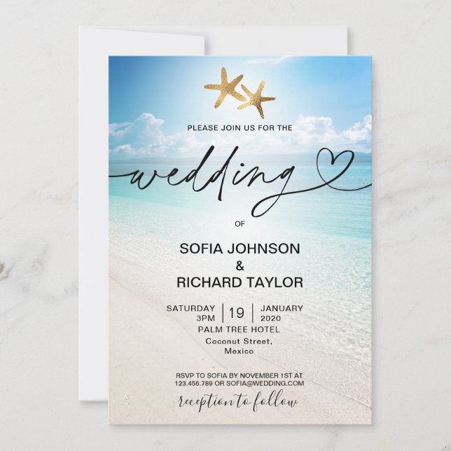 Invitación destino de bodas en la playa mar de fondo tropical (Anverso)