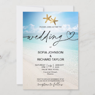 Invitación destino de bodas en la playa mar de fondo tropical