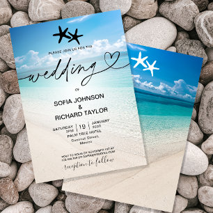 Invitación destino de bodas en la playa mar de fondo tropical