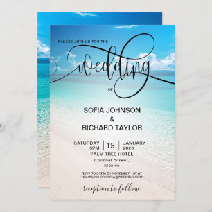 Invitación destino de bodas en la playa mar tropical de veran
