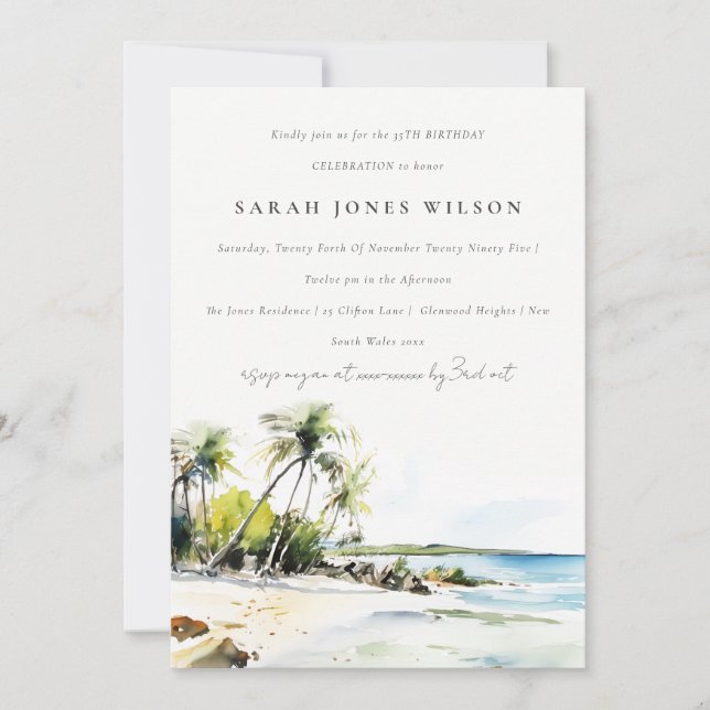 Invitación Destino de Cumpleaños Acuarela Costera Tropical (Anverso)
