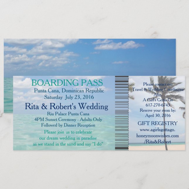 Invitación Destino de la playa de entradas de Boda de embarqu (Anverso / Reverso)