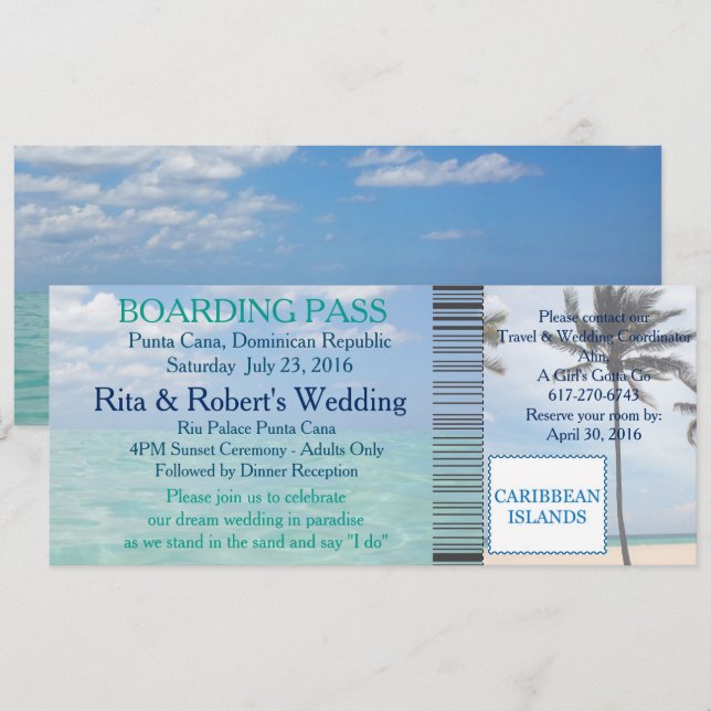 Invitación Destino de la playa de entradas de Boda de embarqu (Anverso / Reverso)