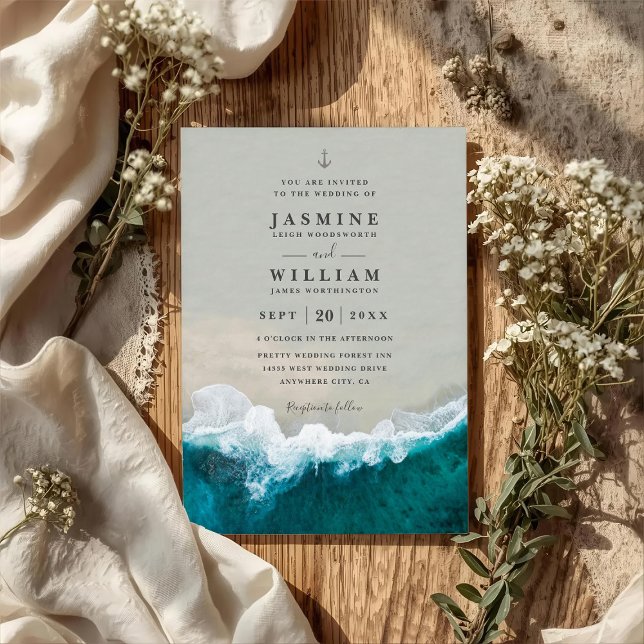 Invitación Destino de mar azul profundo Boda elegante código  (Subido por el creador)