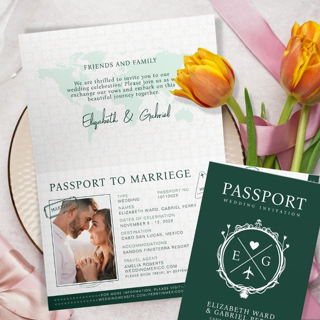 Invitación Destino de Viaje de Pasaporte Boda Verde Emelard (Subido por el creador)