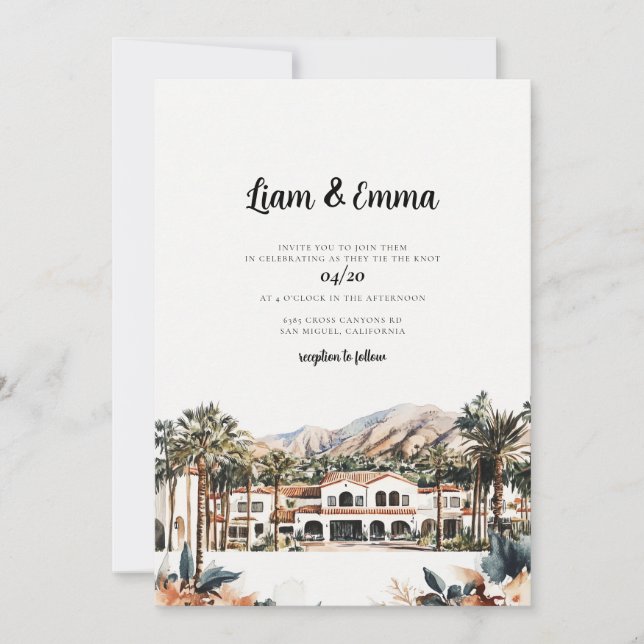 Invitación Destino del Boda acuarela de Santa Bárbara (Anverso)