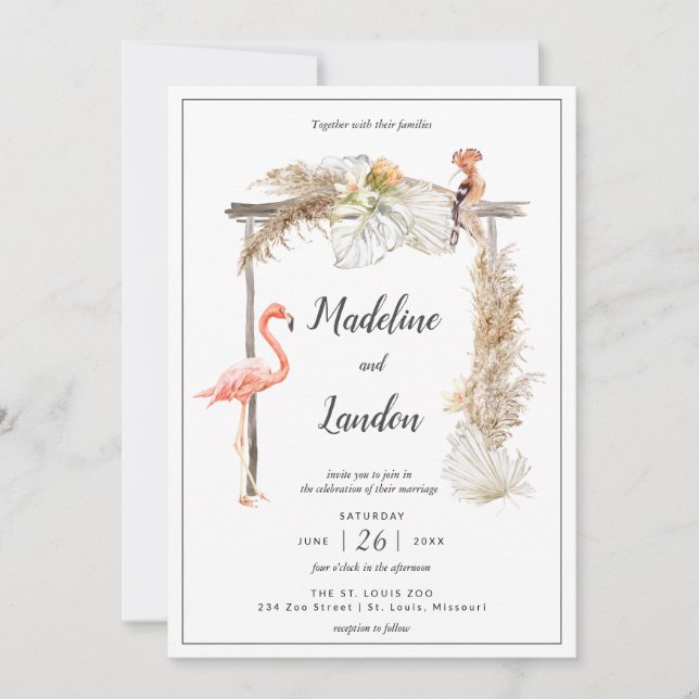 Invitación Destino del Boda Boho Tropical Zoo (Anverso)