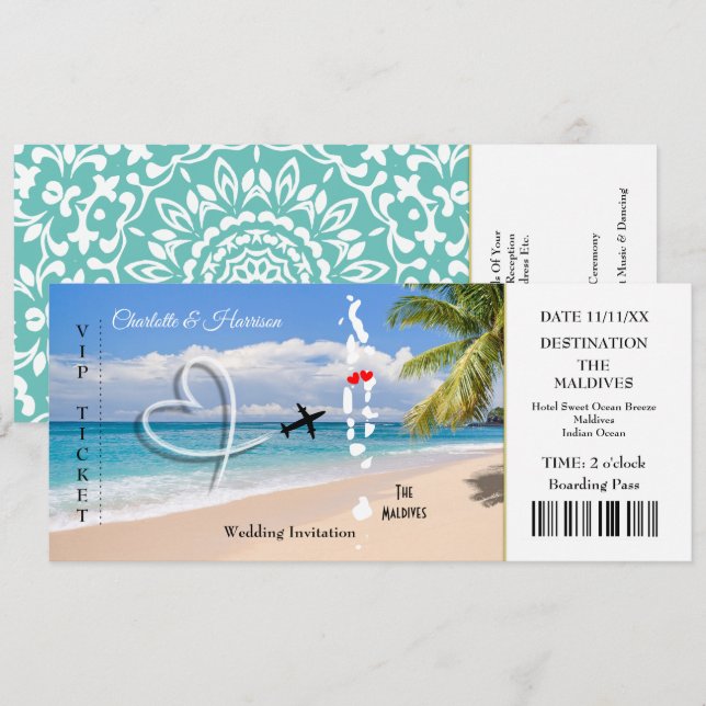 Invitación Destino del Boda de pases de embarque de tickets d (Anverso / Reverso)
