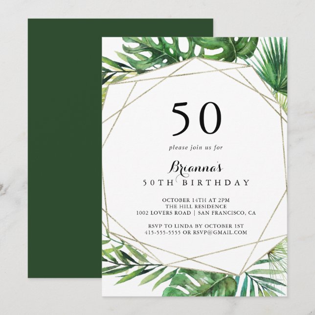 Invitación Destino geométrico Tropical 50 cumpleaños (Anverso / Reverso)