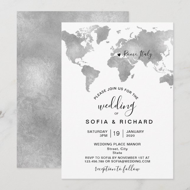 Invitación Destino Mapa Mundial PLATA Corazón Extraíble (Anverso / Reverso)