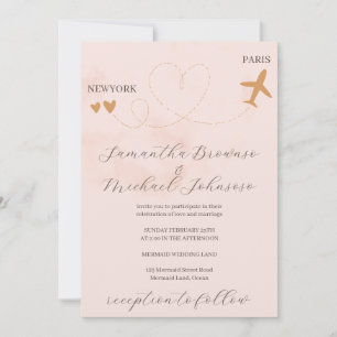 Invitación Destino rosa avión vuelo al extranjero boda