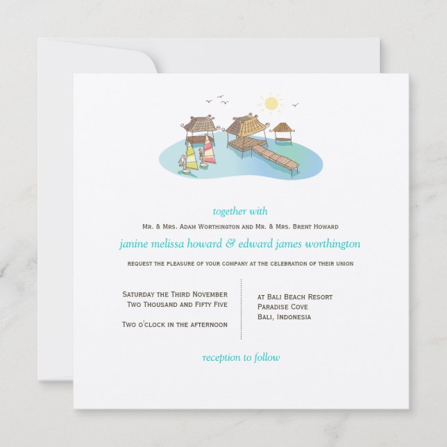 Invitación Destino Tropical Boda Playa Windsurf (Anverso)