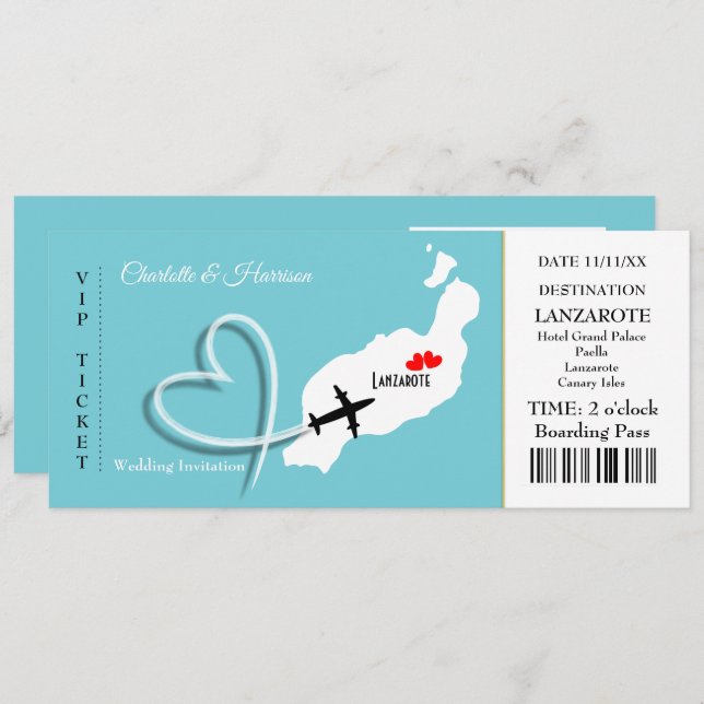 Invitación Destino tropical Lanzarote España Boda de playa (Anverso / Reverso)