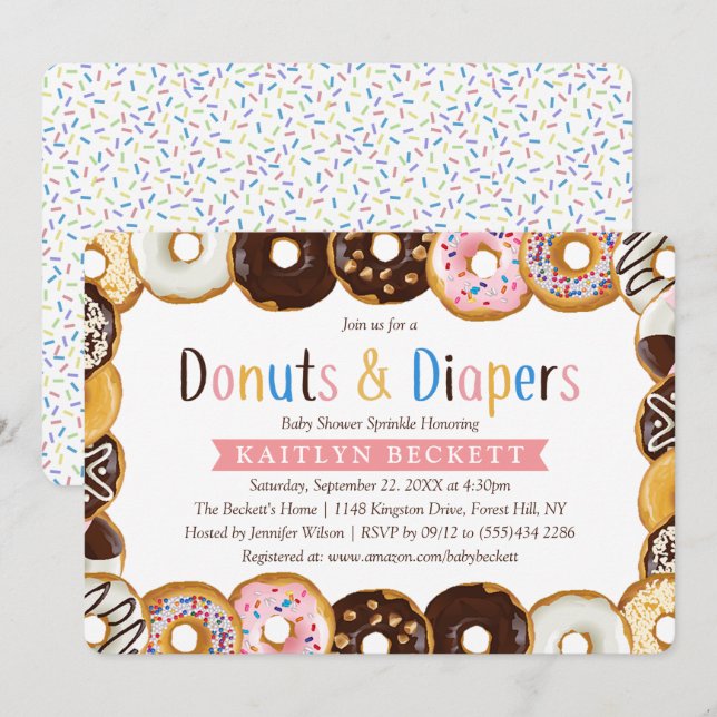 Invitación Destitución moderna de Baby Shower en donuts y pañ (Anverso / Reverso)