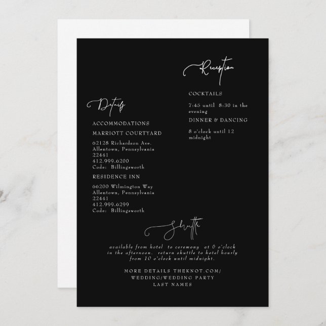 Invitación detallada de Boda negro (Anverso / Reverso)