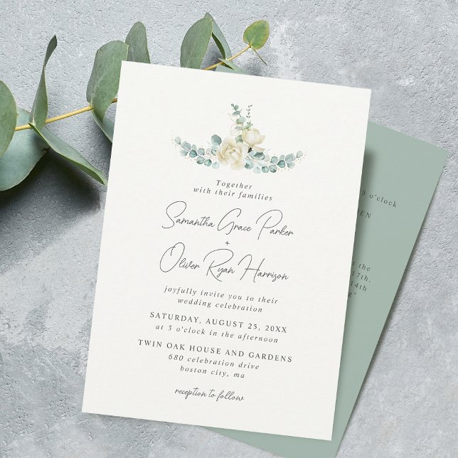Invitación Detalle de boda de magnolia blanca elegante y euca (Elegant White Magnolia Eucalyptus Wedding Detail Invitation)