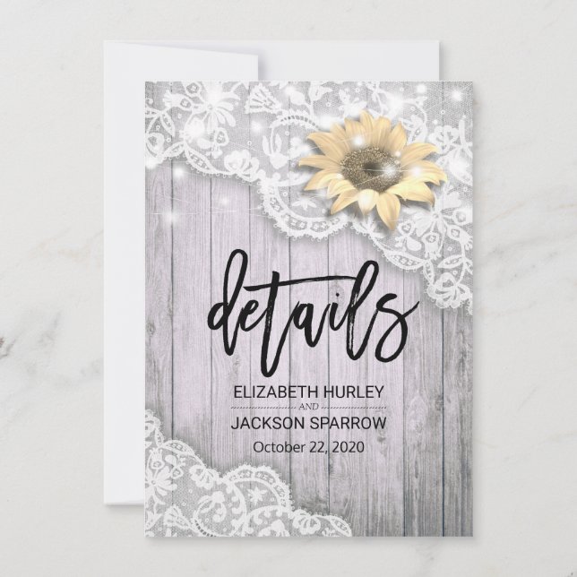 Invitación Detalle de Boda Encaje Girasoles Madera y Luces de (Reverso)