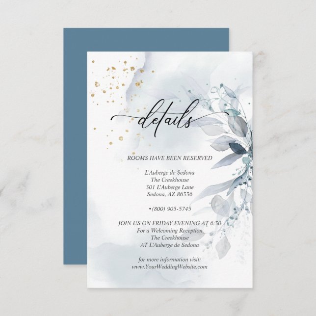 Invitación Detalles 2 Follaje Acuarela Azul Polvoriento Elega (Anverso / Reverso)