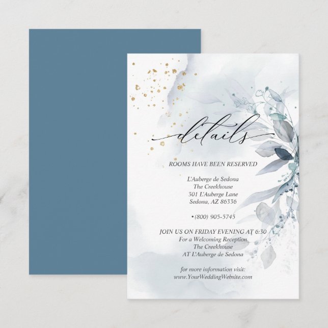 Invitación Detalles 3 Elegante Follaje Acuarela Azul Polvorie (Anverso / Reverso)