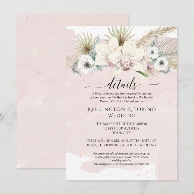 Invitación Detalles Boda floral blanco rosado moderno (Anverso / Reverso)