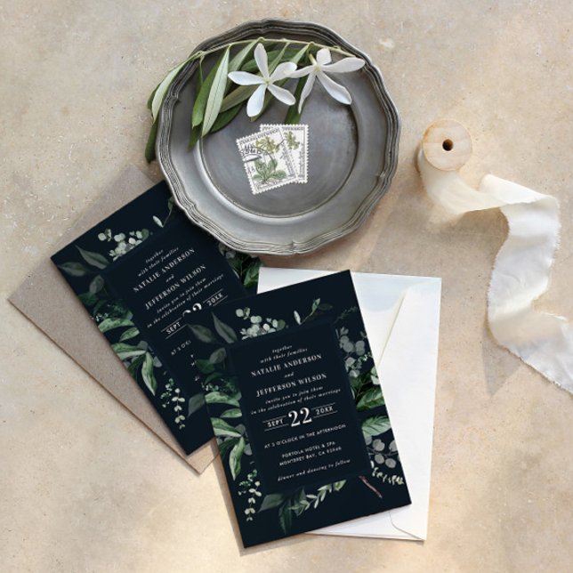 Invitación Detalles botánicos florales negros de boda elegant (Subido por el creador)