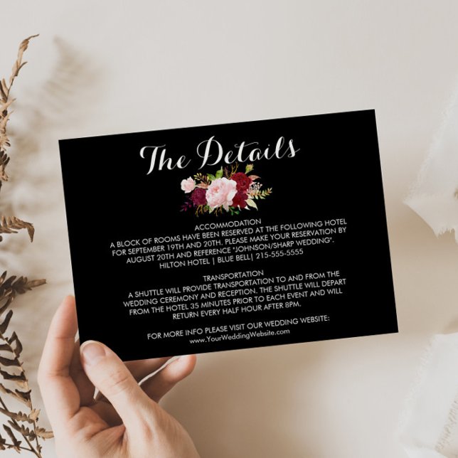 Invitación Detalles clásicos del Boda negro tropical Insertar (Subido por el creador)