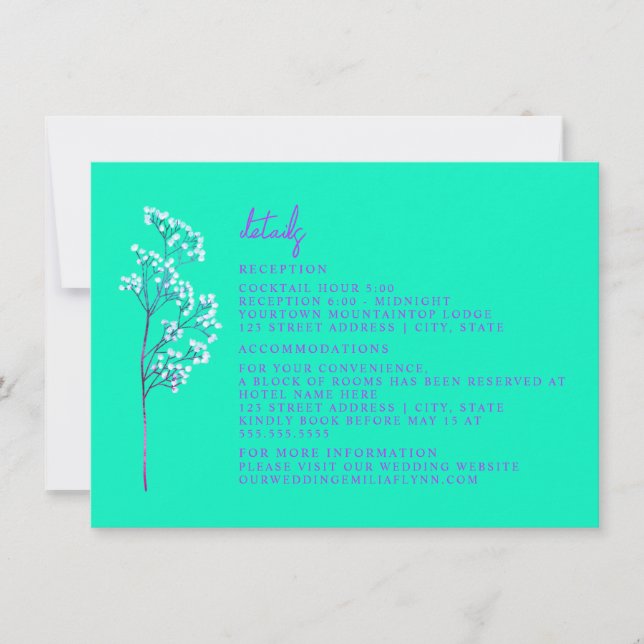 Invitación Detalles de Alojamiento de Recepción de Boda Neon  (Anverso)
